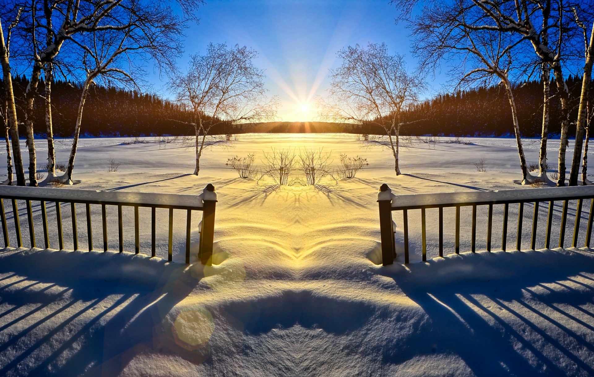 En bild på en solnedgång som lyser över snö, träd och staket